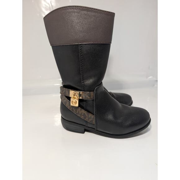 Michael Kors Girls Black Leather Boots Size 9 Kids Black Brown Logo. - Picture 1 of 8
